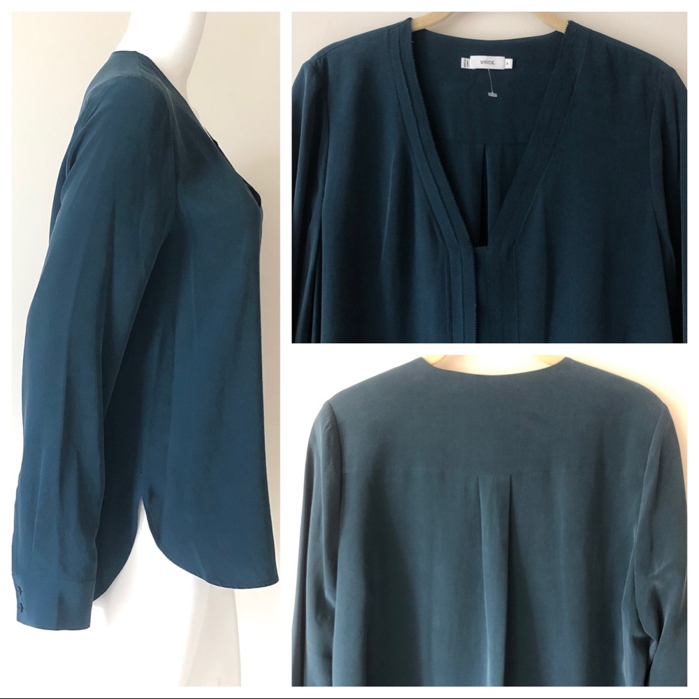 Vince 100% Silk Teal Picot-Edge V-Neck NWOT M - Picture 3 of 6